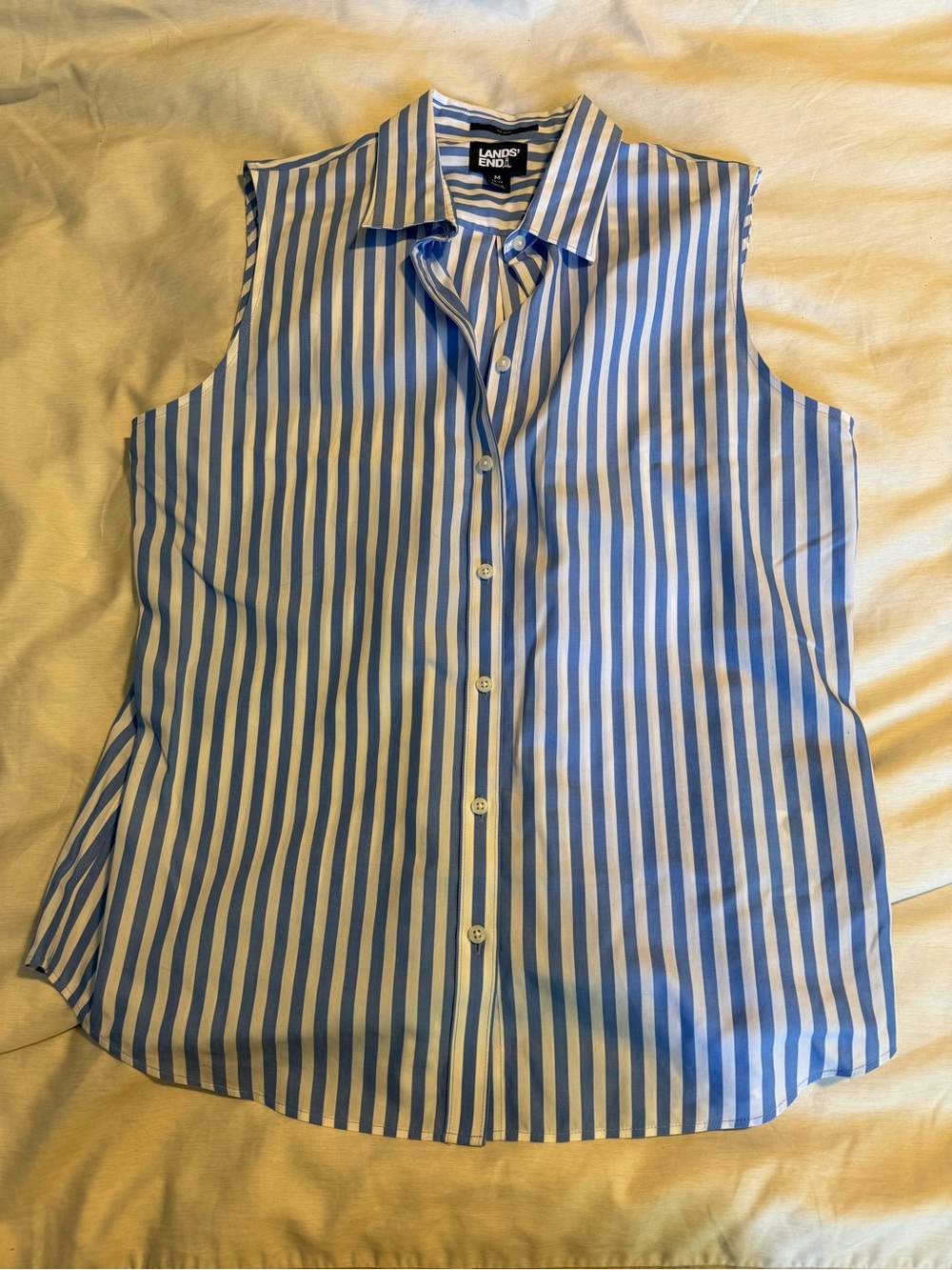 Lands' End Blue and White Sleeveless Button-Down Stripe Shirt